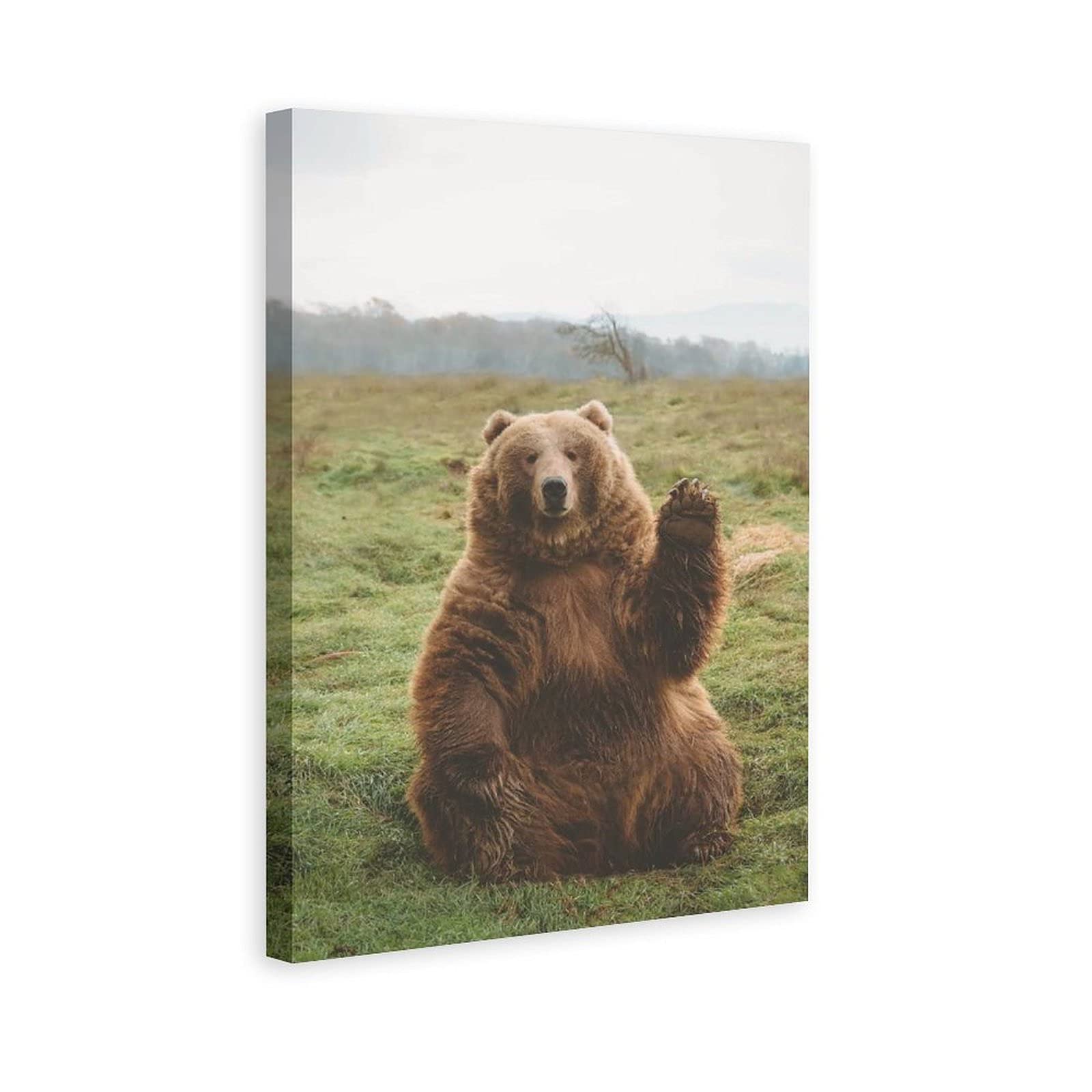 Chubby Naive Grizzly Bear Waving Canvas Wall Art - 12x18 Inch Nature Landscape Painting for Living Room, Bedroom & Office Decor - Perfect Gift for Home & Sports Fans