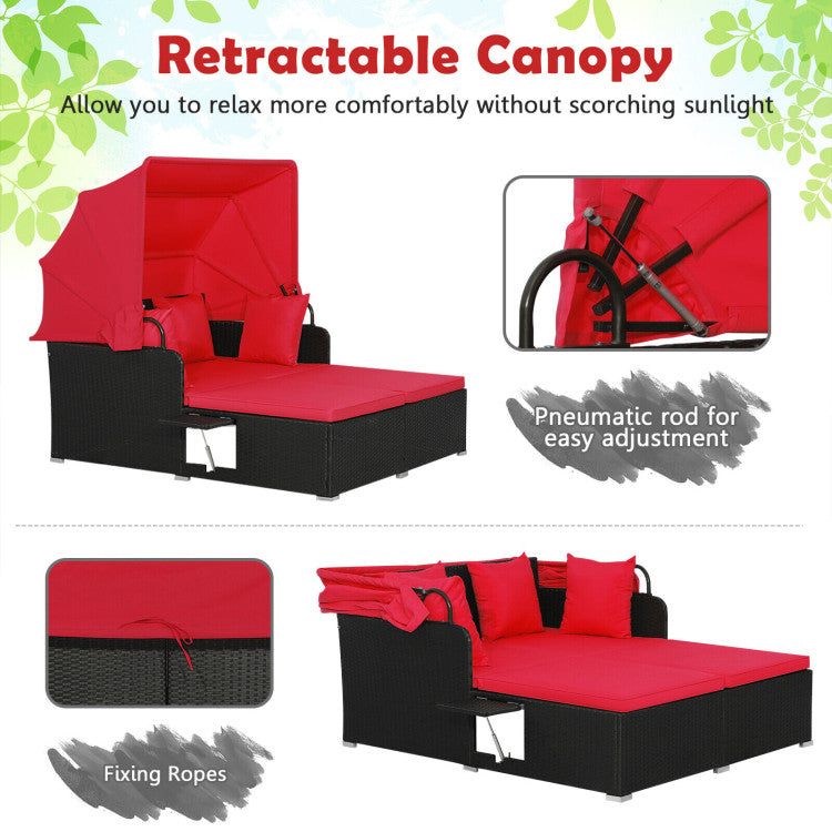 Costway Outdoor Patio Rattan Daybed with Retractable Canopy & Side Tables - Black - Perfect for Poolside Lounging, Garden Relaxation & Backyard Sunbathing