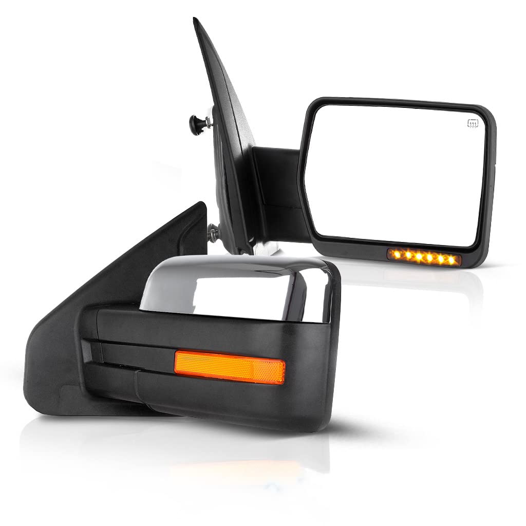 ECCPP Power Heated Towing Mirrors with Turn Signal & Puddle Light - Chrome Housing for 2004-2014 Ford F150 Pickup Truck (Left & Right Pair) - Perfect for Night Driving, Towing & Off-Road Adventures