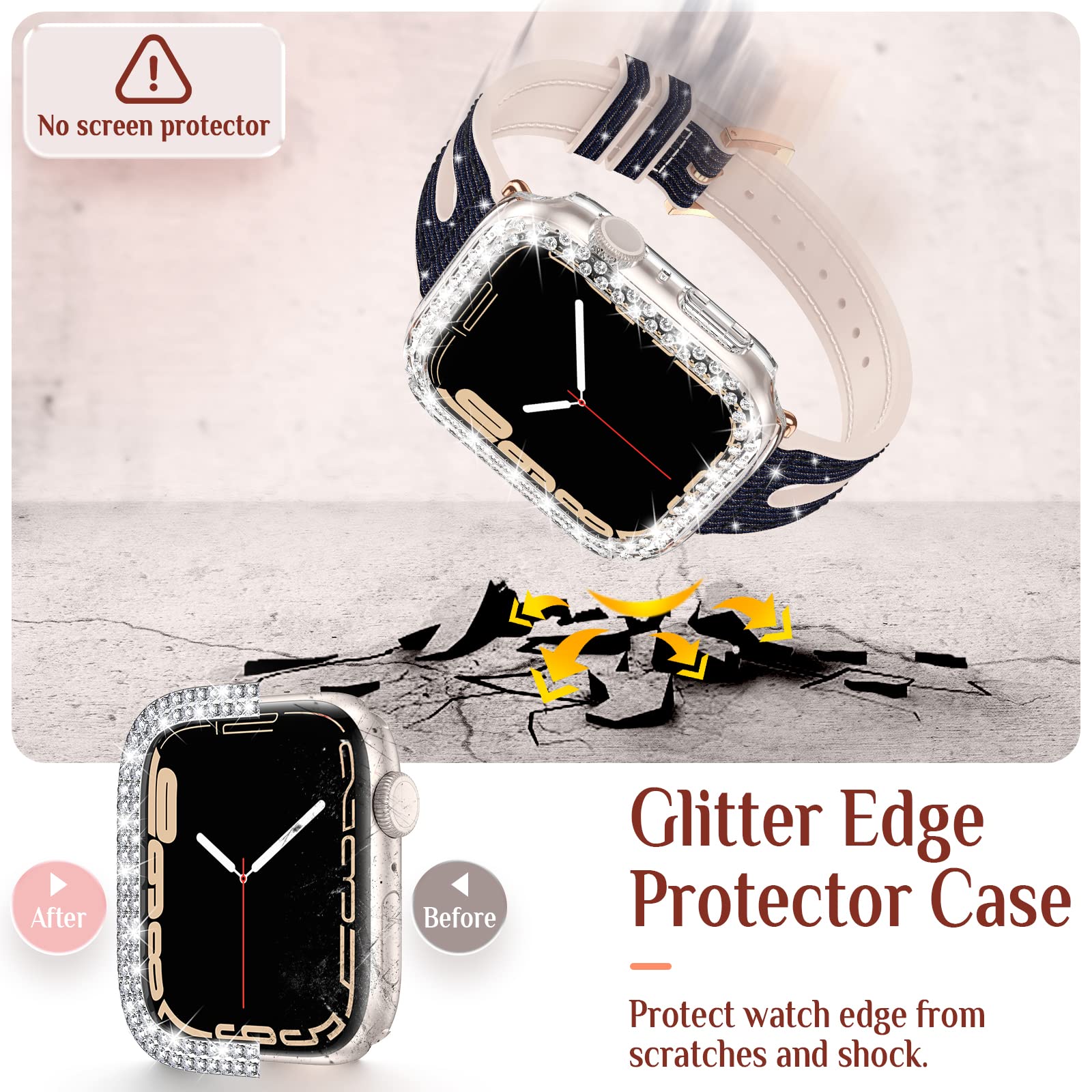 Goton Bling Band Case - Compatible with Apple Watch 46mm 42mm 45mm 44mm 41mm 40mm 38mm (Series 10/9/8/7/SE/6/5/4/3/2) - Women's Glitter Rhinestone Silicone Strap with Bumper Cover - Perfect for Workouts, Parties & Everyday Fashion Accessory