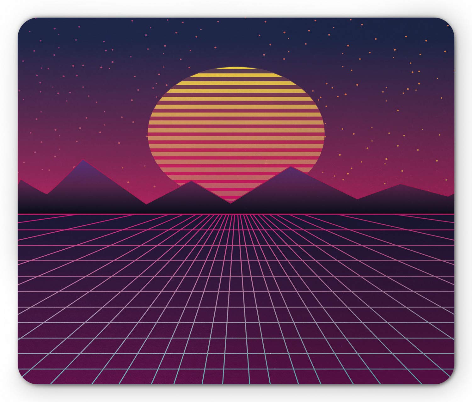 Ambesonne Synthwave Mouse Pad - Retro Striped Sun & Triangular Mountains Design, Non-Slip Rubber Base, Standard Size Rectangle Mousepad in Plum Magenta & Apricot | Perfect for Gaming, Office & Computer Workstations