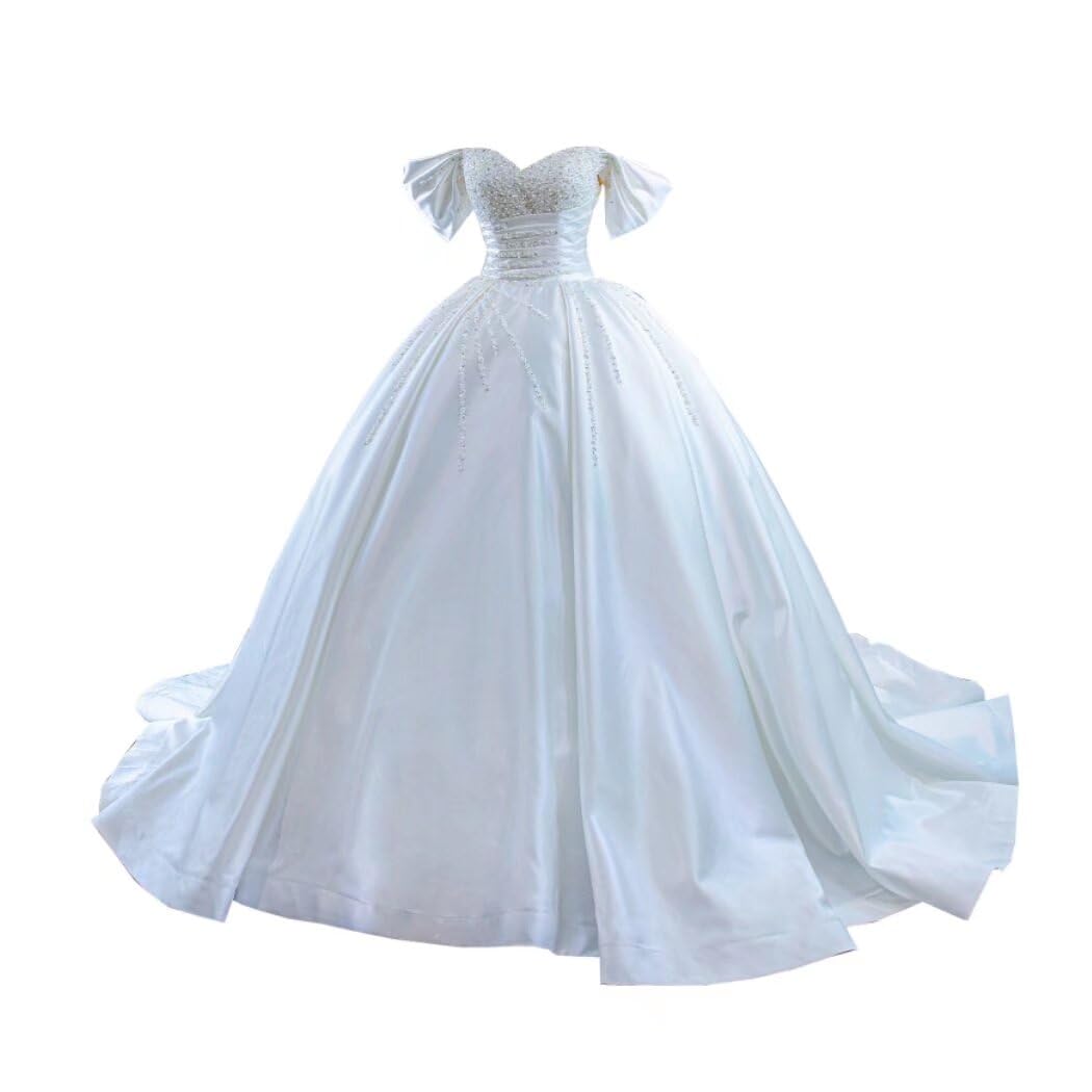 2025 Elegant Pearl Crystal Ball Gown Wedding Dress for Bride | Off-Shoulder Satin Corset Bridal Gown | Perfect for Formal Weddings, Prom & Special Occasions