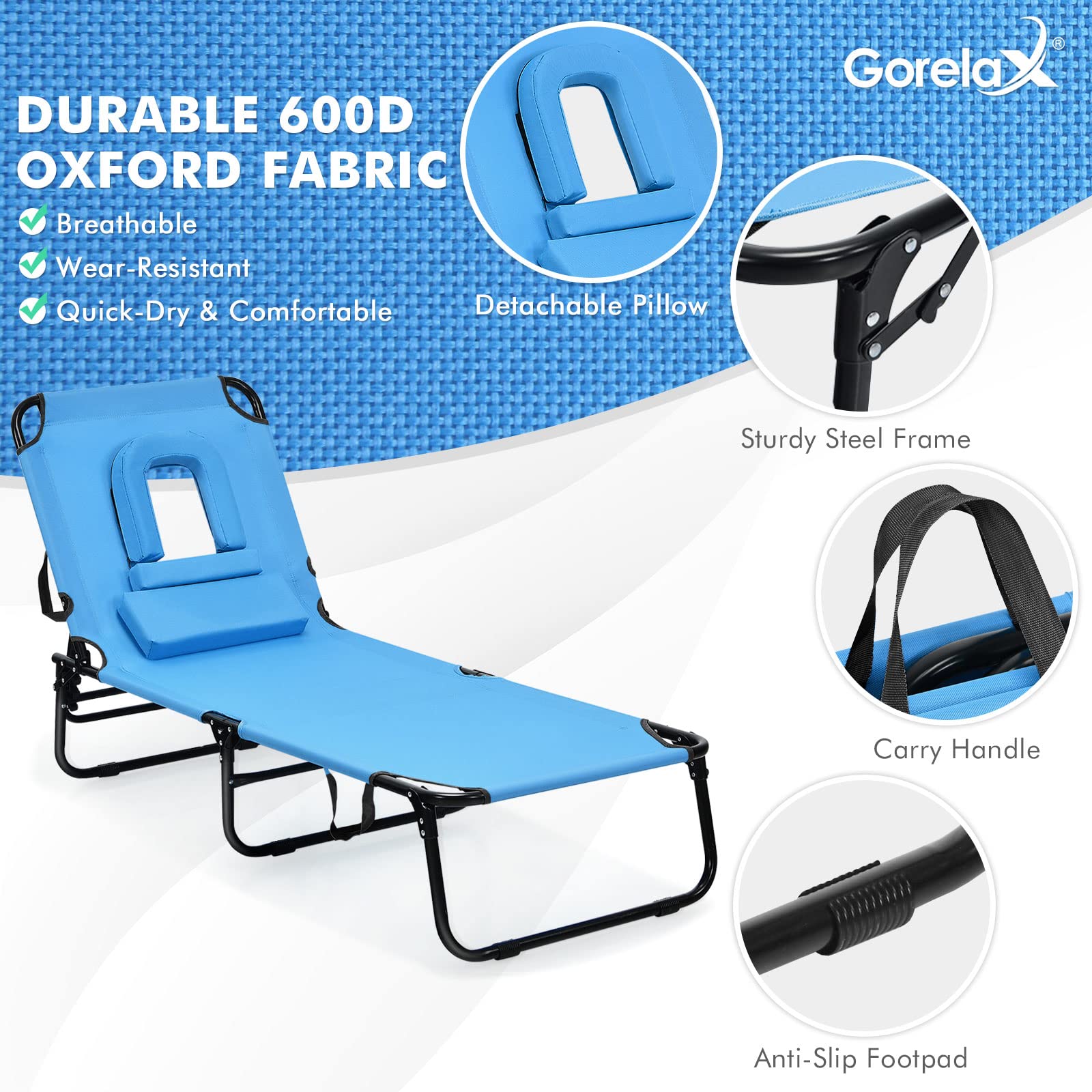 Giantex Adjustable Folding Chaise Lounge Chair - Portable Recliner for Beach, Patio, Poolside & Outdoor Relaxation - Blue
