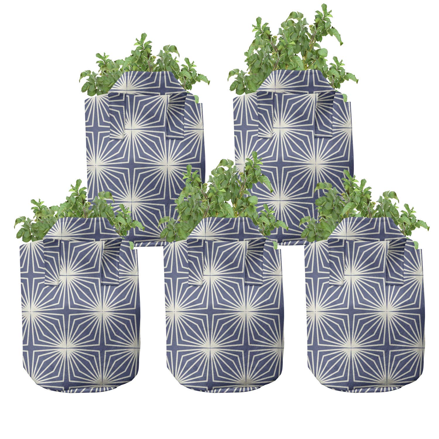 Lunarable Japanese Grow Bags 5-Pack - Modern Art Pattern Heavy Duty Fabric Plant Pots with Handles - White & Blue for Indoor/Outdoor Gardening, Vegetables, Flowers & Herbs