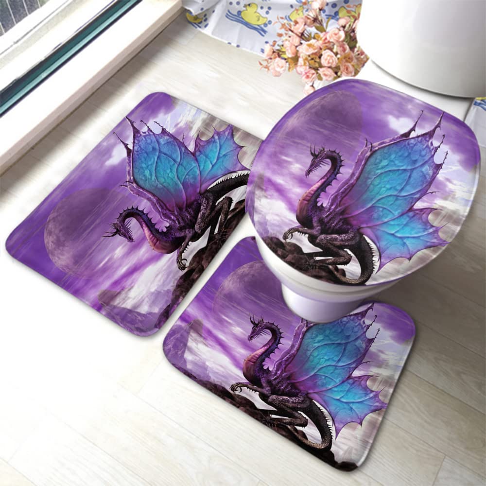 Zaueky 3-Piece Dinosaur Bathroom Rug Set - Non-Slip Purple Bath Mat with Rubber Backing, U-Shaped Contour Rug & Toilet Lid Cover - Jurassic Theme Decor for Kids' Bathroom, Dinosaur Lovers Gift