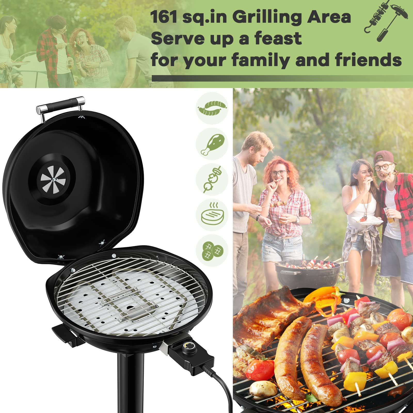 Giantex 1600W Electric Grill Indoor Outdoor - Portable BBQ Grill with Adjustable Temperature, Non-Stick Removable Grilling Rack & Oil Drip Tray - Perfect for Picnic, Camping, Backyard, Tailgating & Home Cooking (Black)
