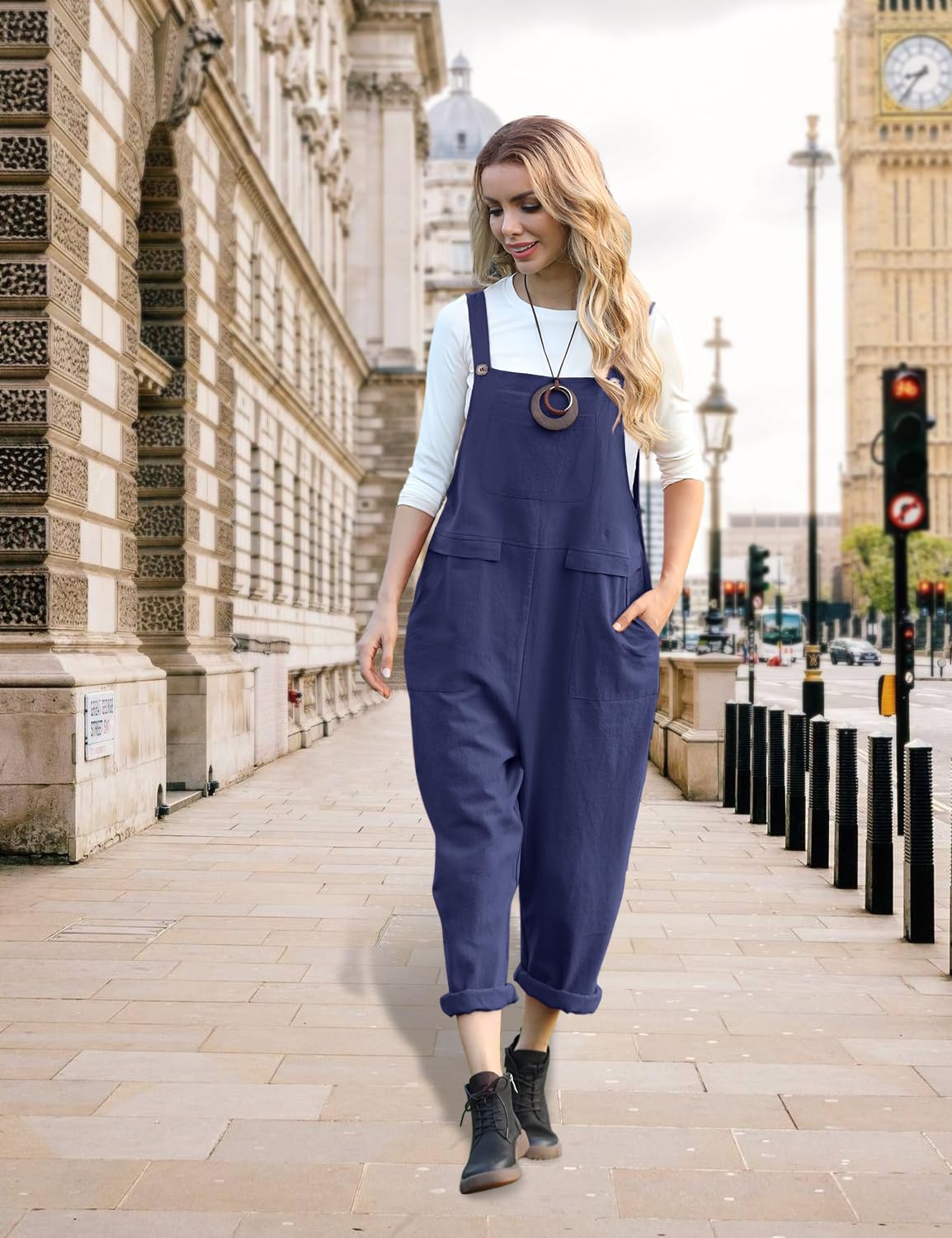 YESNO Women's Casual Loose Bib Overalls - Baggy Romper Jumpsuit with Pockets | Comfortable Long Pants for Everyday Wear, Street Style & Outdoor Activities (PV9)