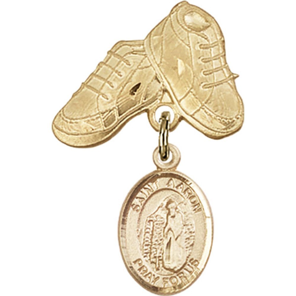 Bonyak Jewelry St. Aaron Gold Filled Saint Medal Charm - 1 x 5/8 Inch Baby Badge with Booties Pin - Religious Jewelry for Baptism, Christening & First Communion Gifts