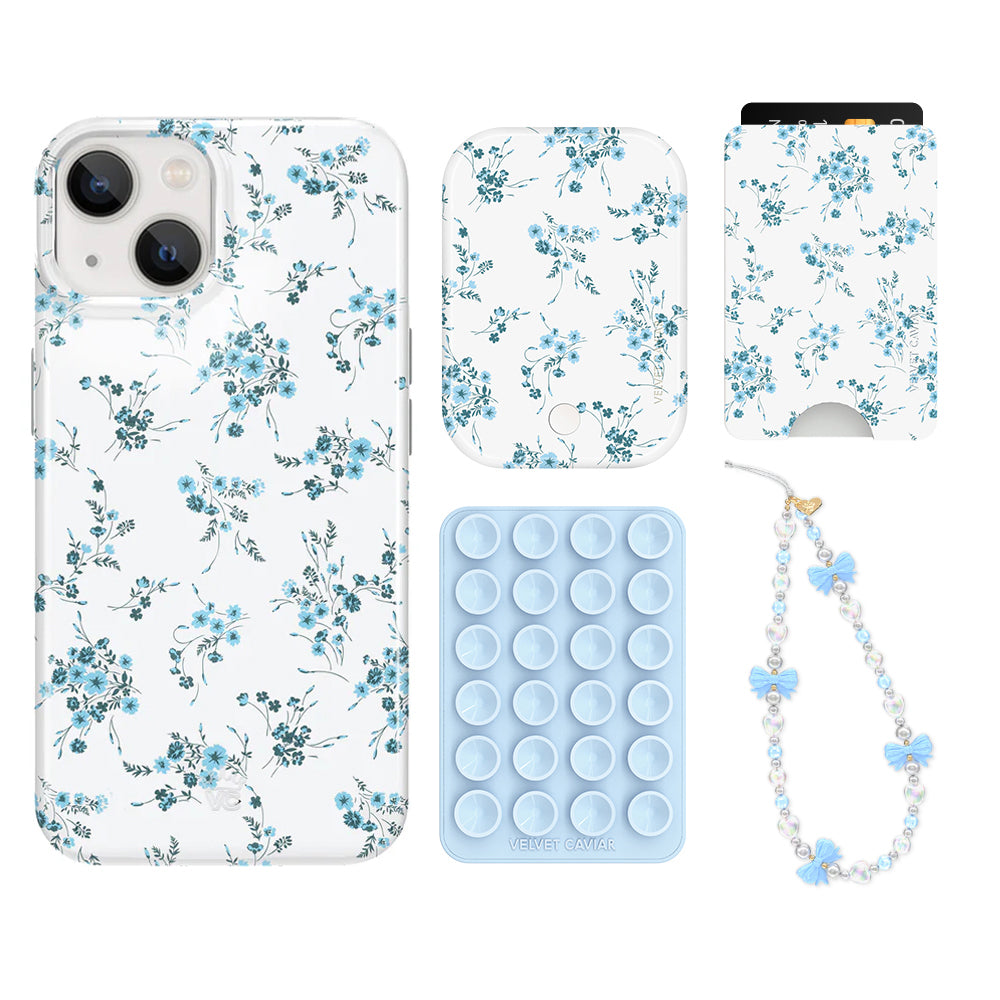 French Blue Floral iPhone Case with Wallet - Slim Protective Phone Cover & Card Holder for iPhone 13/14/15 Pro Max - Perfect for Travel, Shopping, and Everyday Use