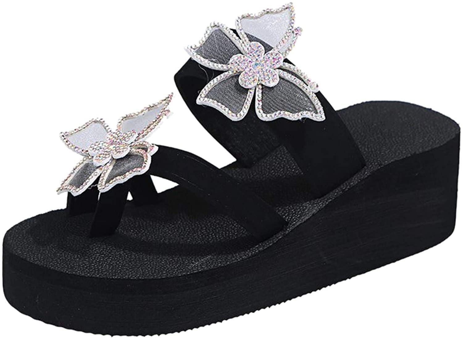 Women's Comfortable Wedge Flip Flops with Diamond Butterfly Clip - Casual Thong Sandals for Beach, Dress & Everyday Wear (White, Size 9 Wide) | Perfect for Summer Outings, Vacations and Relaxing at Home