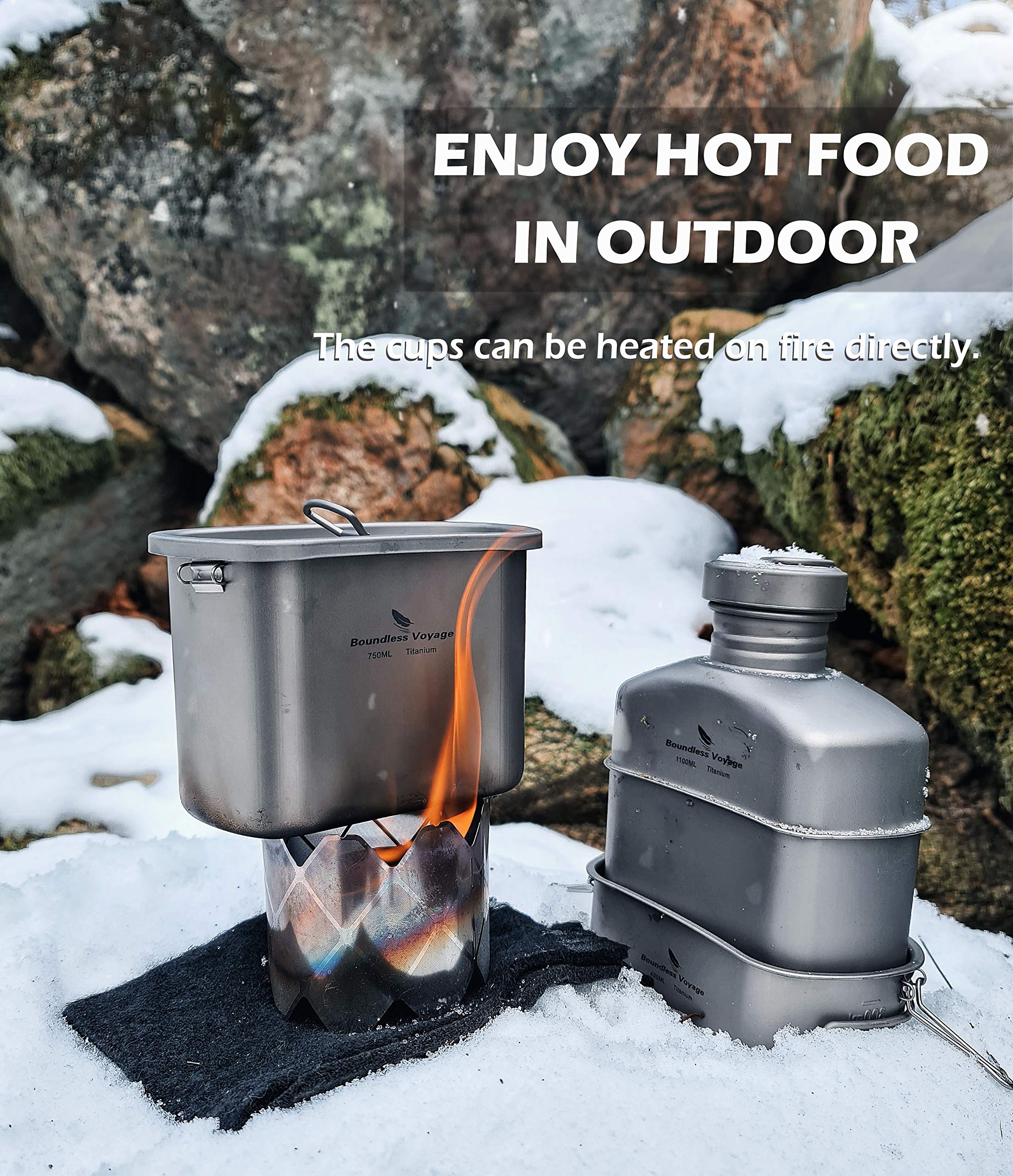 Boundless Voyage Titanium Military Canteen Cup Set - Lightweight Outdoor Camping & Hiking Water Bottle with 2 Cups - Durable Mess Kit for Cooking, Survival Gear - Perfect for Backpacking, Bushcraft & Emergency Preparedness (Ti15158B)