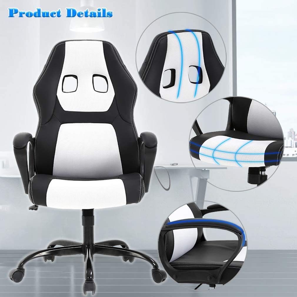 Ergonomic Office Chair - Adjustable Height Computer Gaming Chair with Lumbar Support, Swivel Rolling Executive Leather Desk Chair for Home & Office Workspace - White