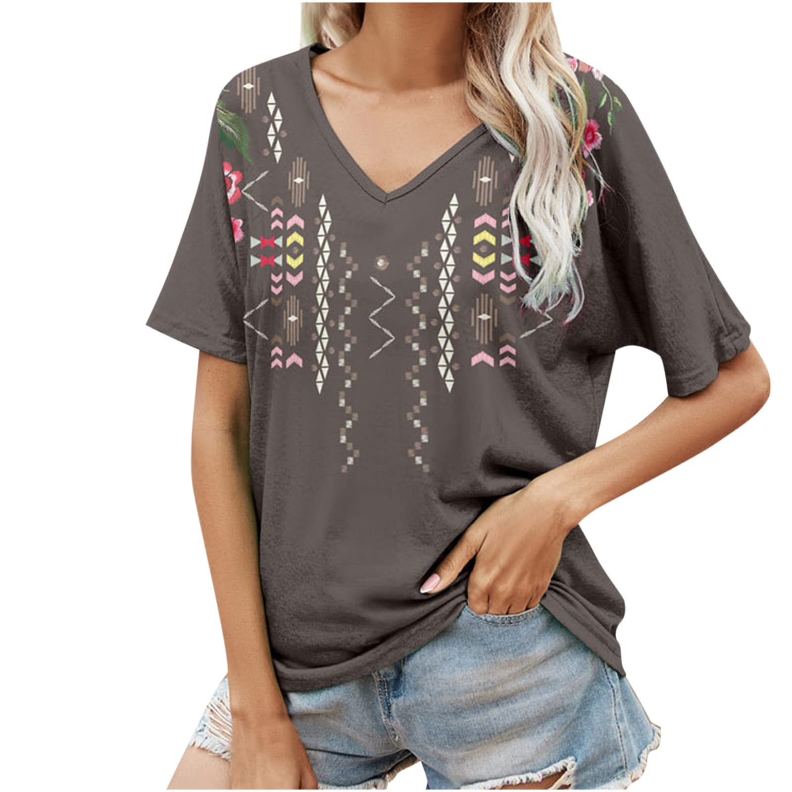 Vintage Women's Short Sleeve V-Neck T-Shirts - Oversized Casual Loose Blouse for Summer | Western Style Tee for Everyday Wear, Outings & Layering