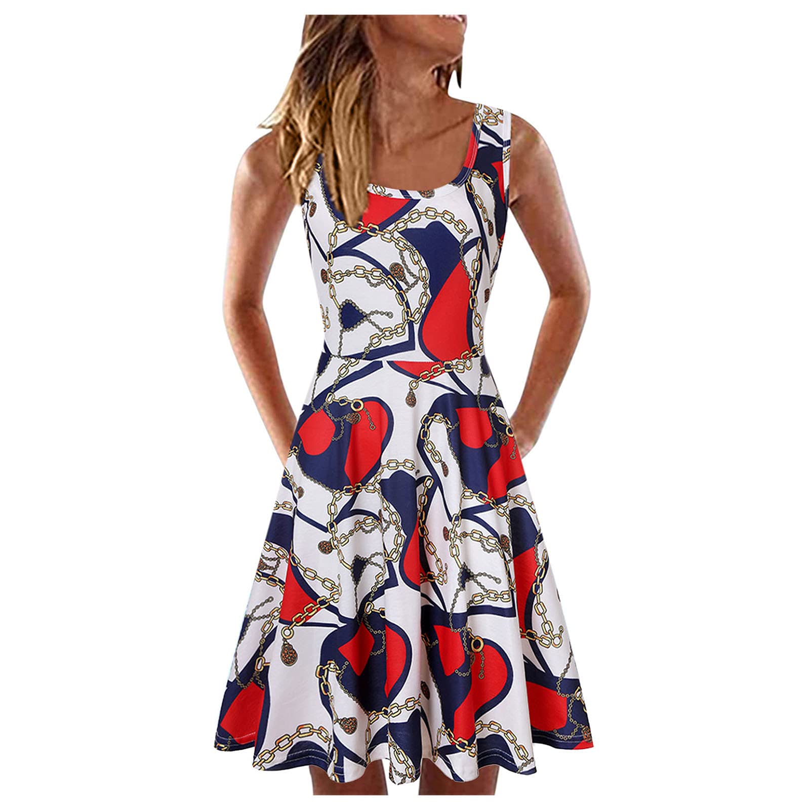 Women's A-Line Summer Casual Short Sleeveless Printed Sundress with U-Neck - Perfect for Beach Vacations, Pool Parties and Summer Outings