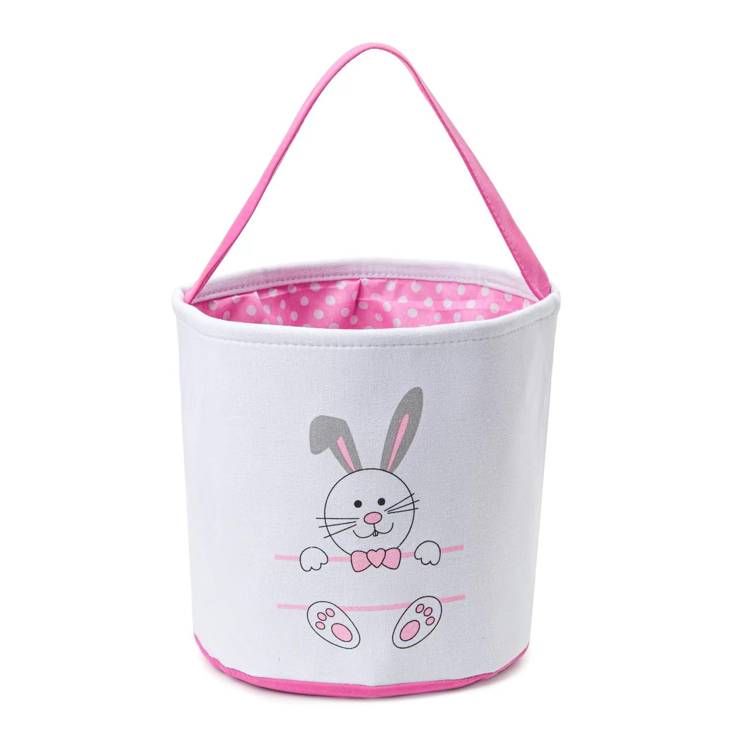 Easter Bunny Basket with Handle - Pink Canvas Easter Bucket for Egg Hunts, Party Gifts & Spring Decor - Cute Bunny Face Print Storage Bin for Kids, Home & Garden Decorations