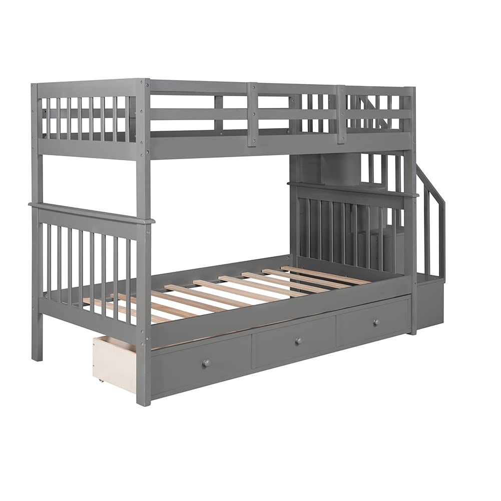Twin Over Twin Bunk Bed with 3 Drawers & Stairway - Solid Wood Loft Bed for Kids, Teens, Dorm Rooms - Gray Space-Saving Bunk Bed with Ample Storage - Perfect for Small Bedrooms, Shared Kids Rooms & College Dormitories
