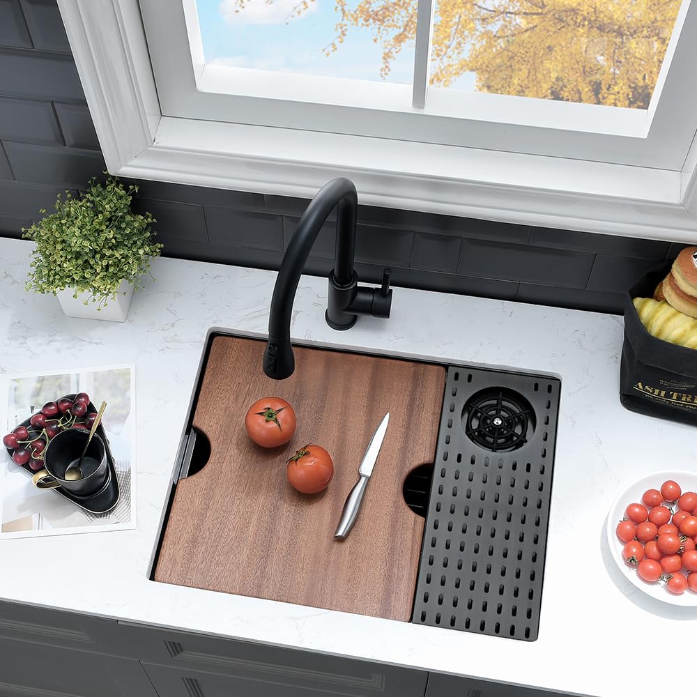 24 Inch Black Undermount Kitchen Sink with Glass Rinser - 16 Gauge Deep Single Bowl Stainless Steel Sink for Wet Bar & Workstation | VASOYO 24x19 Inch | Perfect for Modern Kitchens, Bars & Commercial Use