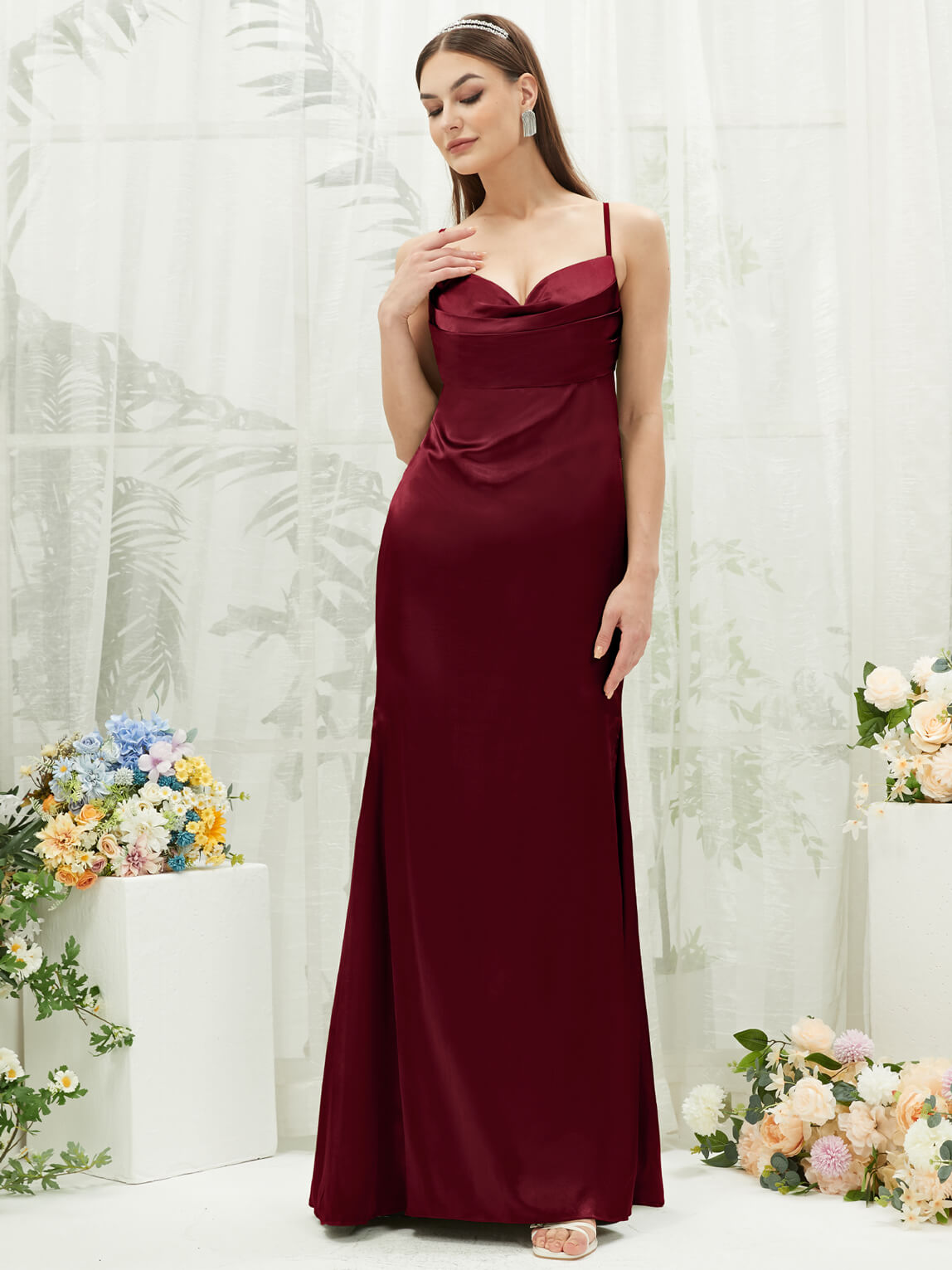 Elegant Burgundy Satin Cowl Neck Backless Long Bridesmaid Dress with Adjustable Straps - Perfect for Weddings, Formal Events & Evening Parties