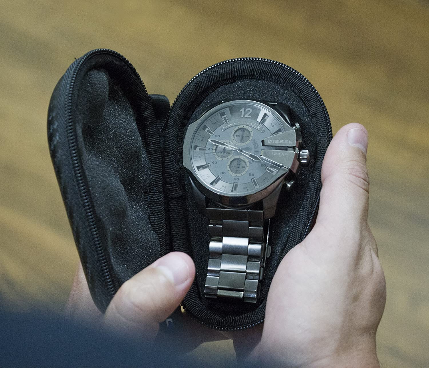 CASEMATIX Premium Watch Travel Case - Hard Shell Exterior & Cushion Foam Interior for Protection - Fits Watches Up to 56mm with Reinforced Zippers & Metal Carabiner - Perfect for Business Travel, Vacation & Watch Collection Storage