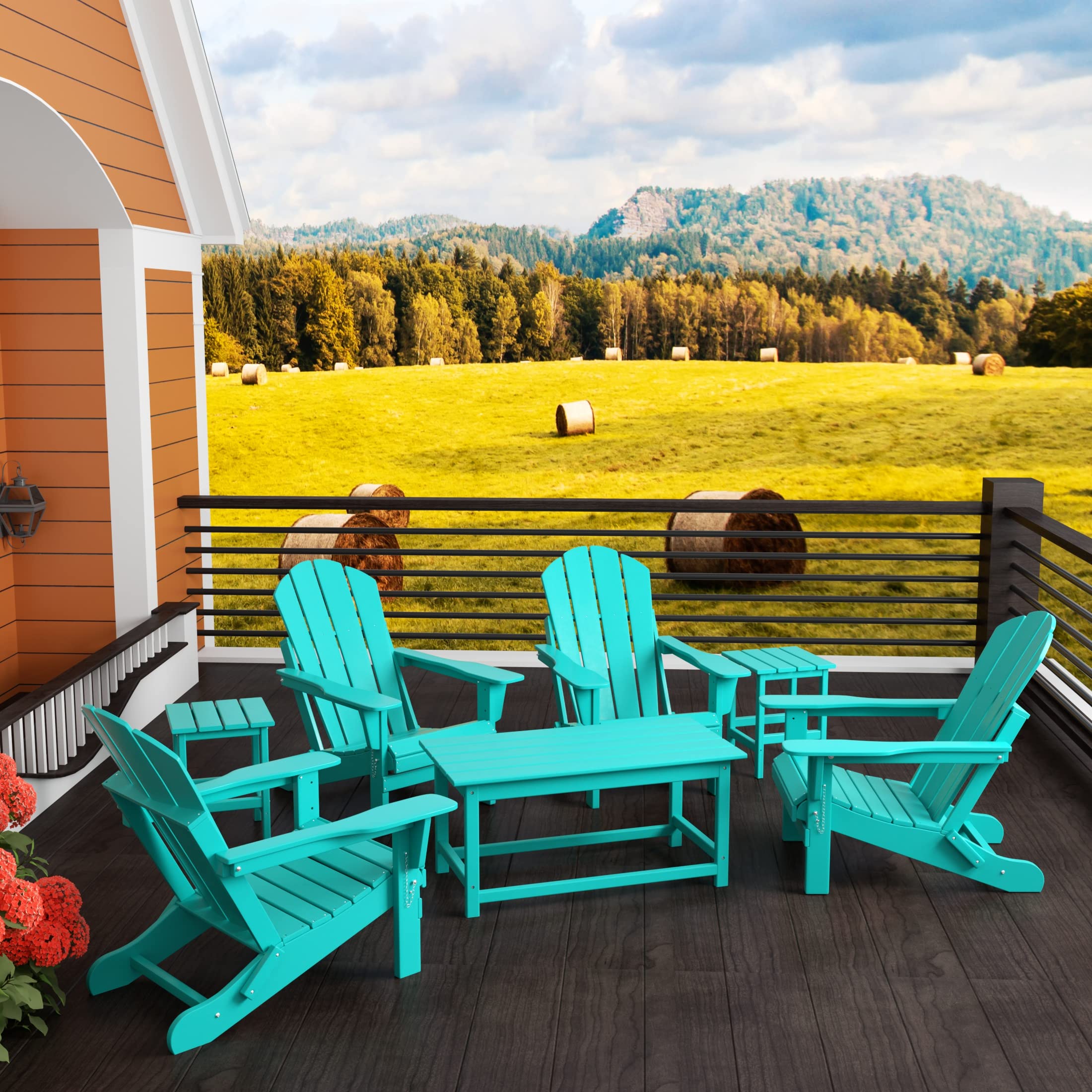 Premium HDPE Adirondack Chair & Table Set - 7-Piece Outdoor Patio Furniture with UV/Weather Resistant Design for Garden, Backyard, Balcony - Perfect for Relaxing, Entertaining & Outdoor Dining (Turquoise)
