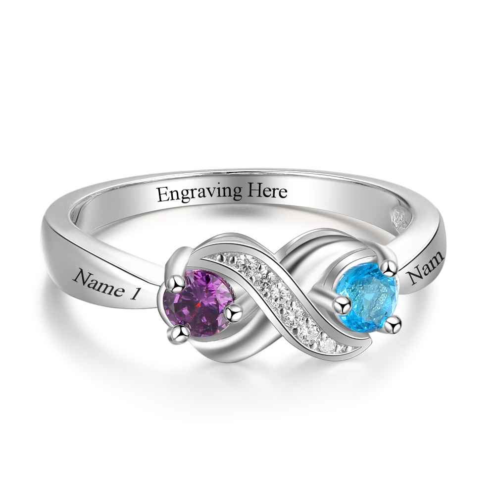 Personalized Sterling Silver Ring with Birthstones - Engraved Infinity Promise Jewelry for Women - Perfect for Anniversaries & Gifts