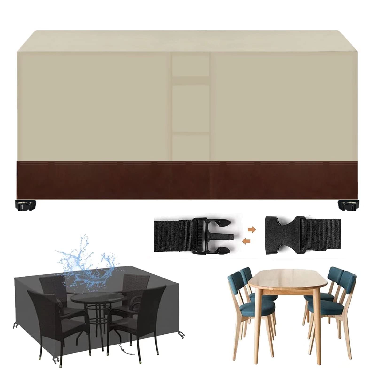 DFANCE Heavy Duty 420D Oxford Waterproof Rectangular Patio Table Cover - Outdoor Furniture Protector for Rain, Snow & Dust - Tear Resistant Beige Brown Patio Furniture Cover for Lawn, Garden & Backyard Use