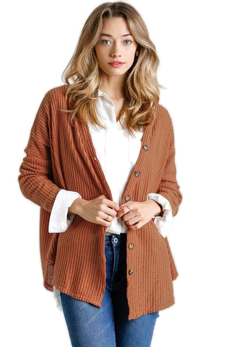 Umgee Women's Waffle Knit Button Front Cardigan Sweater - Cozy Fall & Winter Layering Piece for Office, Casual Outfits and Lounge Wear