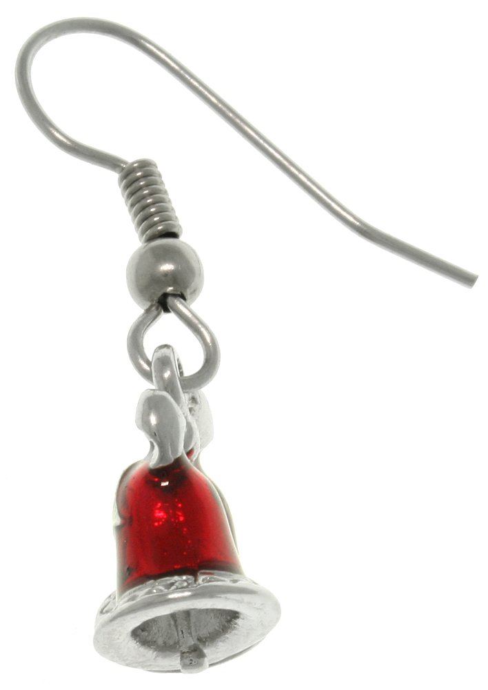 Pewter Red Holiday Christmas Bells Dangle Earrings - Festive Jewelry for Christmas Parties & Gift Giving