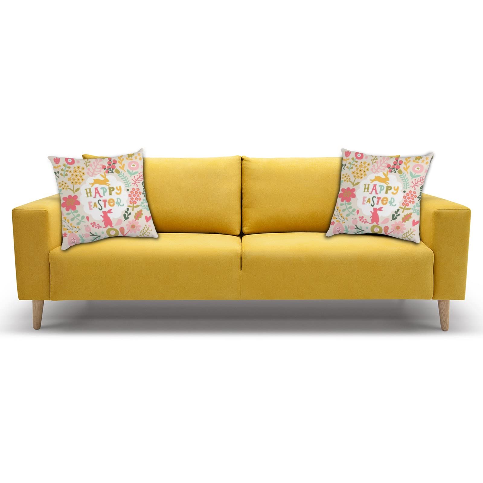 Happy Easter Rabbits & Flowers Throw Pillow Covers 2 Pack - 20x20 Inch Pink Zippered Cushion Cases for Sofa, Couch & Bedroom Decor - Spring Home Decoration & Seasonal Gift Idea