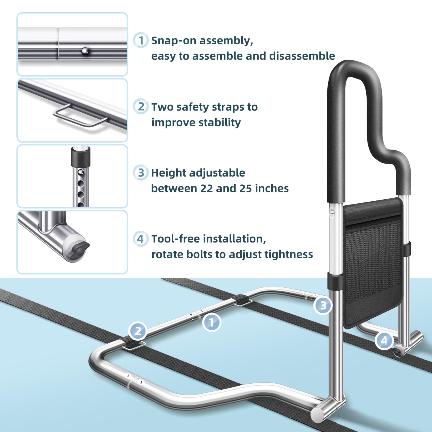 Adjustable Bed Rails for Elderly Adults - Safety Bed Assist Rail with Ergonomic Handle & Non-Slip Straps - Heavy Duty Support up to 300 lbs - Universal Fit for All Bed Sizes - Easy Assembly with Storage Bag - Ideal for Home Care, Hospitals, and Assisted Living Facilities