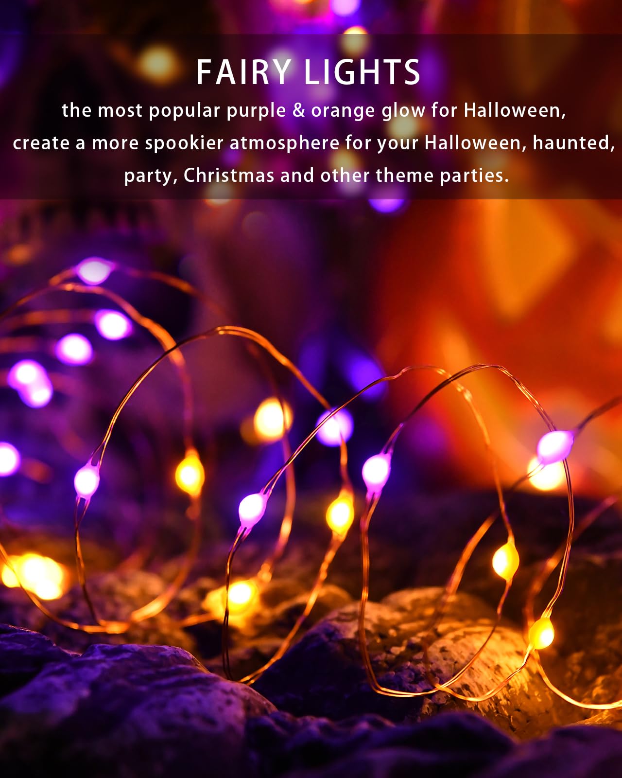 33ft 100 LED Christmas Fairy String Lights - 8 Lighting Modes, Battery Operated Waterproof Twinkle Lights for Indoor & Outdoor Decor (Purple & Orange 2 Pack) - Perfect for Holiday Tree, Party, Wedding & Garden Decoration