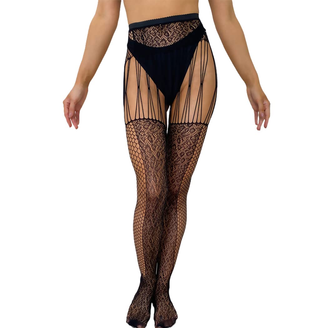 Barode Women’s Fishnet Stockings - Sexy High Waist Patterned Tights with Suspenders in Black | Perfect for Cosplay, Halloween, Burlesque & Night Out Outfits