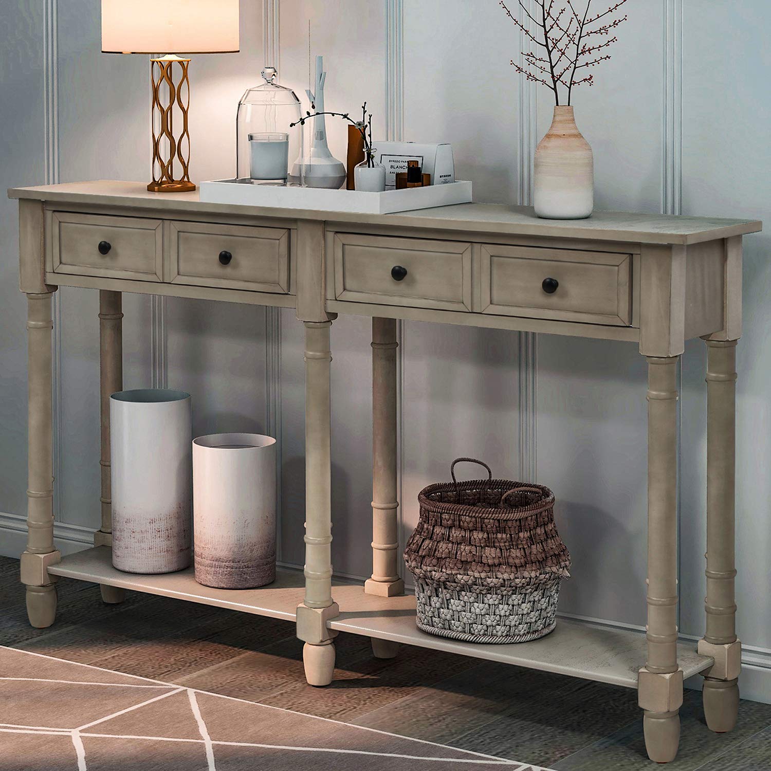 Vintage Grey Wash Console Table with Drawers & Shelf - Entryway Sofa Table for Living Room, Hallway & Home Decor | Perfect for Small Spaces & Apartment Entryways