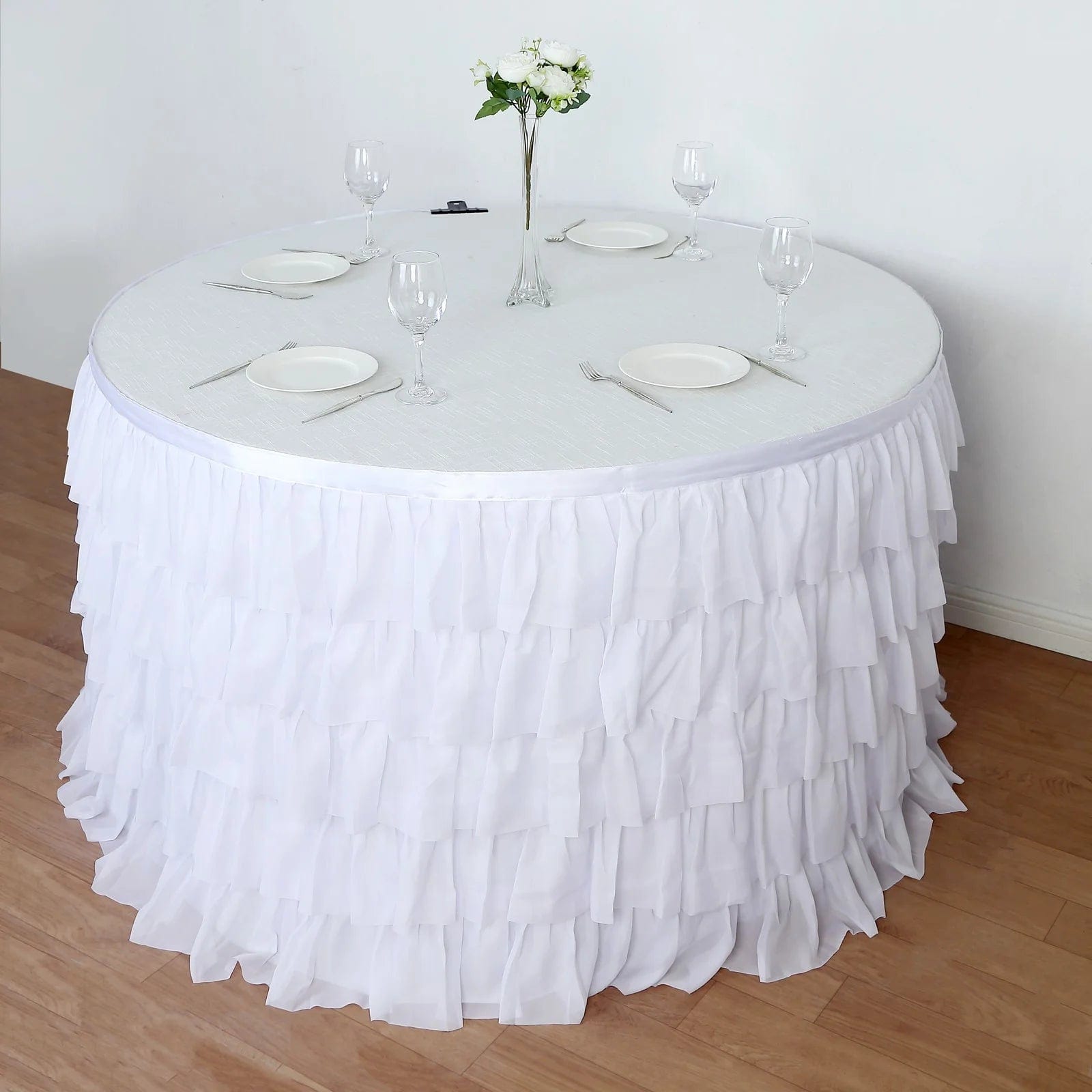 14 ft Chiffon 5 Tier Ruffled Tutu Table Skirt with Satin Backing - Elegant Party Decor for Weddings, Baby Showers & Banquets