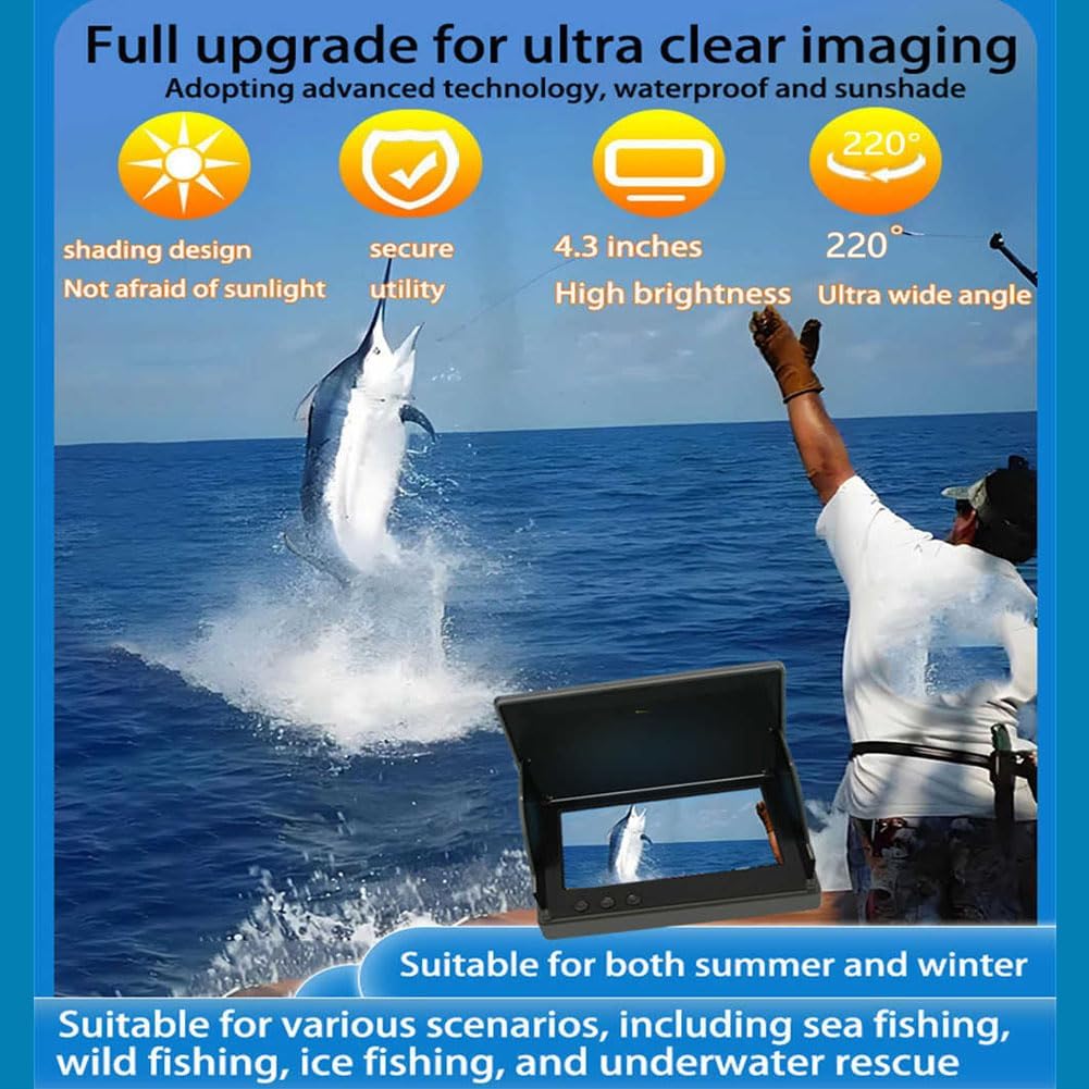 Zulamay 4.3 Inch HD Underwater Fishing Camera with 220° Wide View & Night Vision - IP68 Waterproof Portable Fish Finder for Ice, Lake, Sea and Boat Fishing - Perfect for Ice Fishing, Night Fishing and Deep Water Exploration