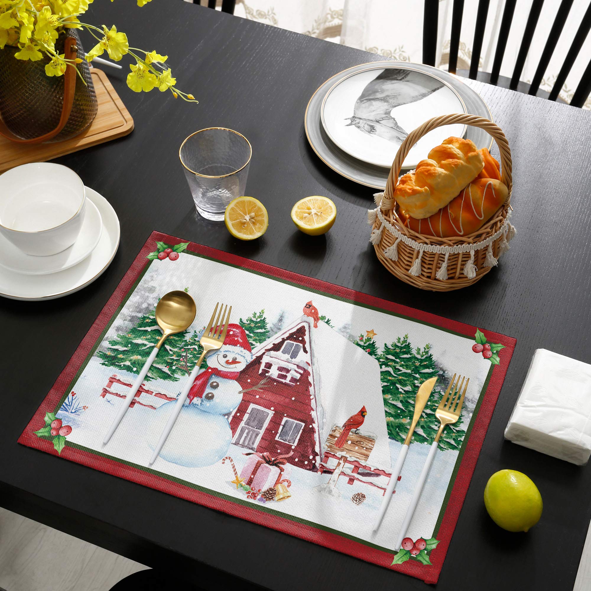 Winter Christmas Red Barn Robin Placemats Set of 4 - 13x19 Inch Washable Cotton Linen Table Mats for Dining Table, Kitchen, Party & Wedding | Cozy Holiday Decor & Festive Dinner Setting