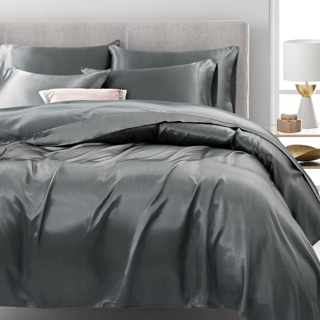TREELY 4-Piece Satin Sheet Set Twin Size - Silky Smooth Grey Satin Bedding with Deep Pocket (Fitted Sheet, Flat Sheet, 2 Pillowcases) - Luxury Bed Sheets for Soft Comfort & Elegant Bedroom Decor