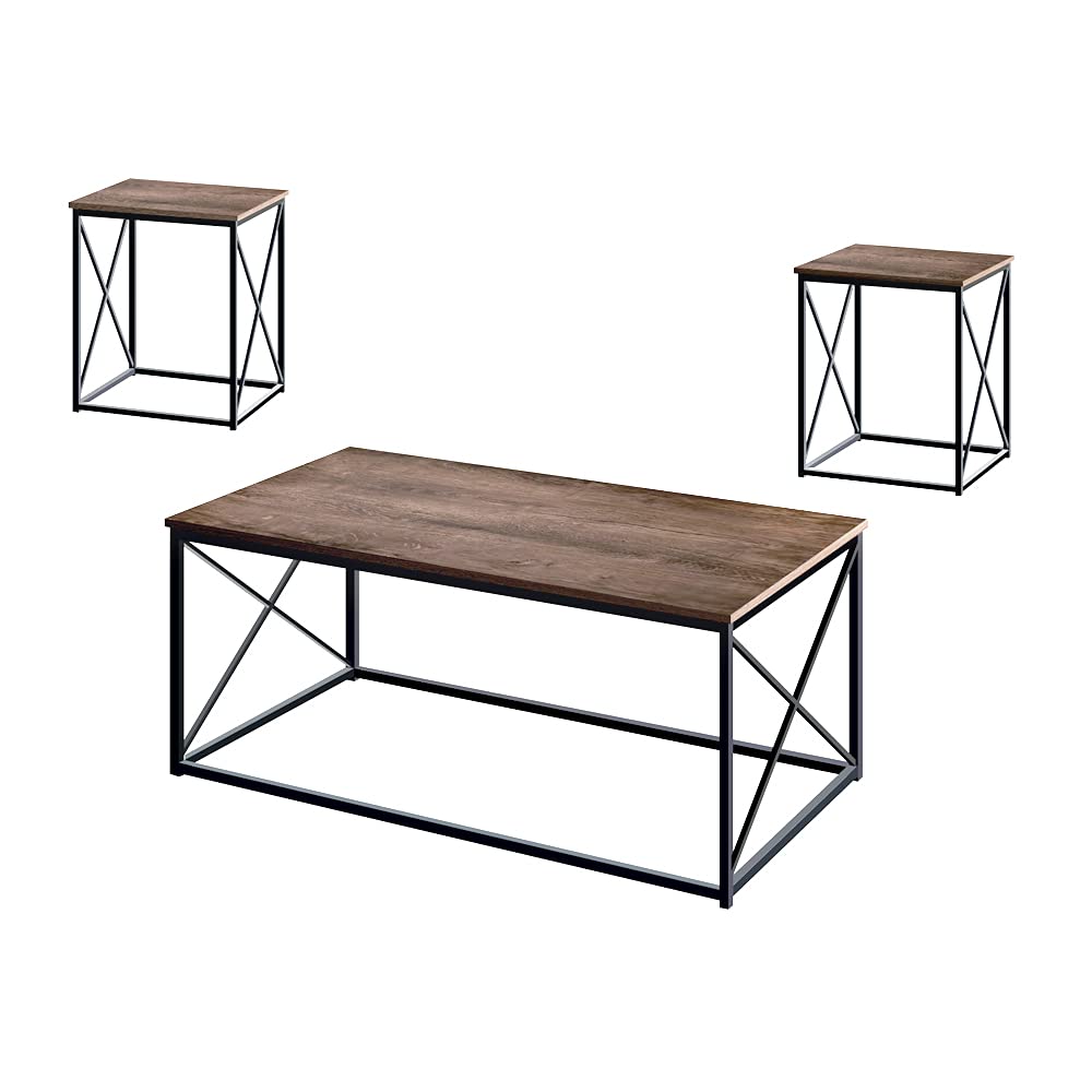 Modern Industrial Coffee Table Set - 3pc Dark Oak Metal & Wood Coffee Table with Two End Tables for Living Room, Lounge, or Office Decor
