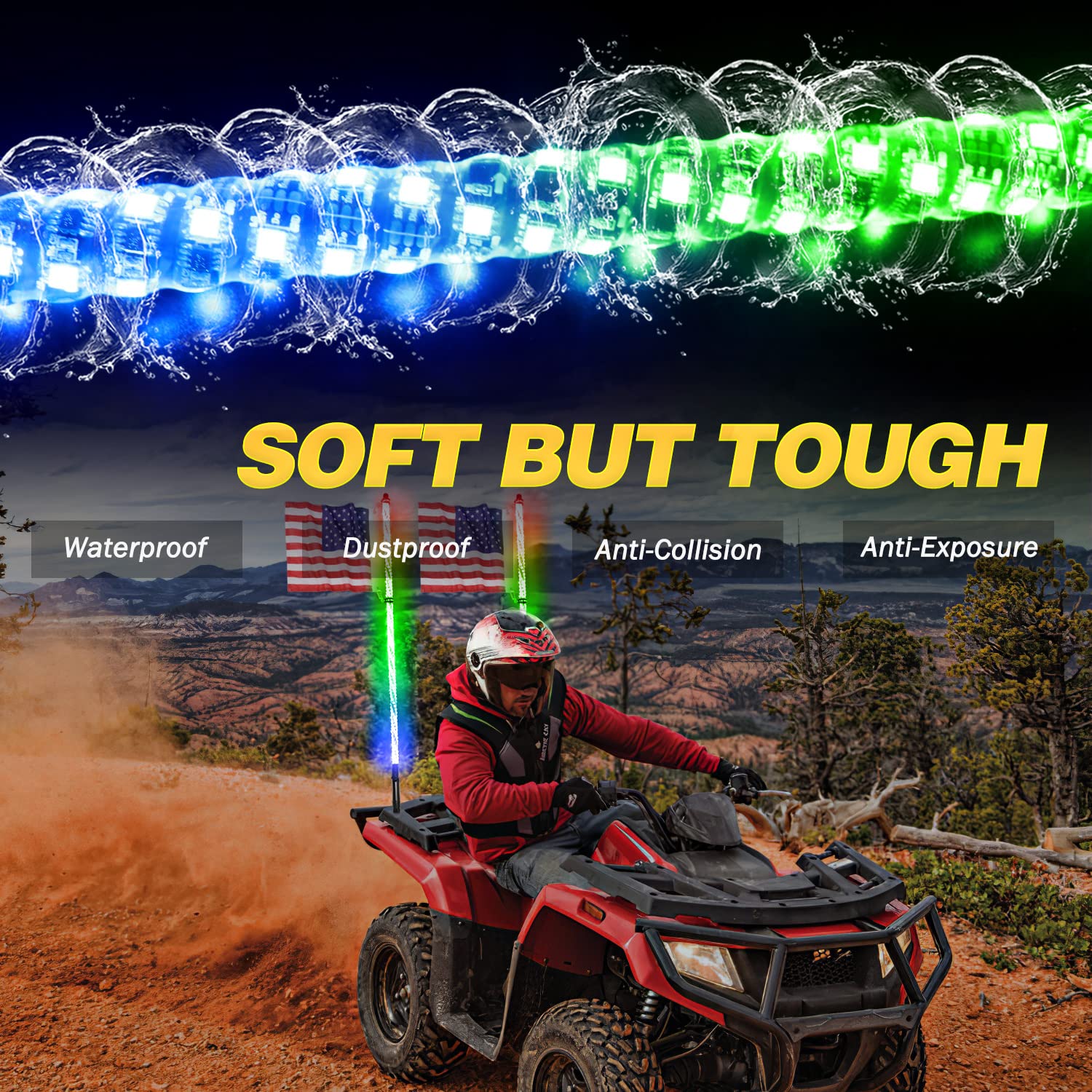 RGBW 4FT LED Whip Lights Pair - 2PCS 360° Spiral Lighted Whips with RF Remote Control for UTV, SXS, Polaris RZR, 4X4 Truck & Boat - Dancing/Chasing Light Effects for Off-Road, Night Rides & Outdoor Adventures