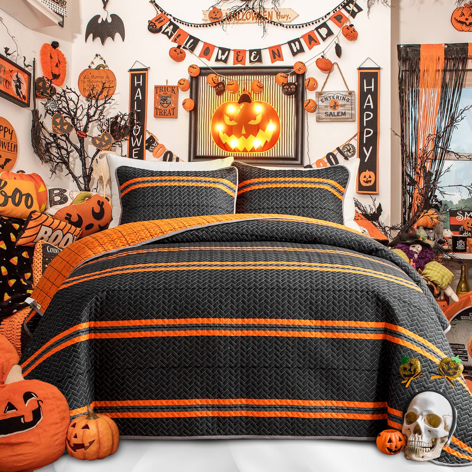 Flysheep Modern Boho Halloween King Size Quilt Set - 3 Piece Bright Orange Striped Black Bedspread, Soft Microfiber All Season Coverlet (1 Quilt + 2 Pillow Shams) for Bedroom Decor, Guest Room & Holiday Home Styling