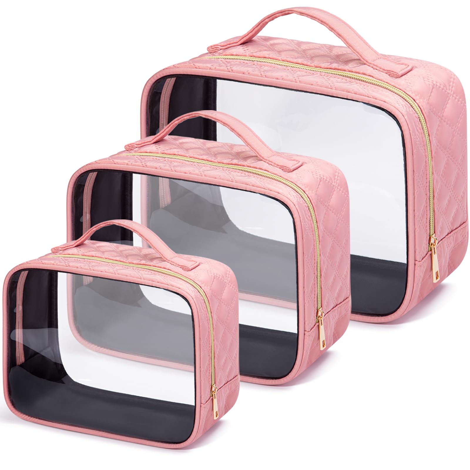 FUNSEED Large Travel Toiletry Bag Set - 3 Pack Clear Makeup Bags with Handles, Waterproof PVC Cosmetic Organizer for Women & Men (Pink) | Perfect for Air Travel, Gym, Beach & Daily Essentials Storage