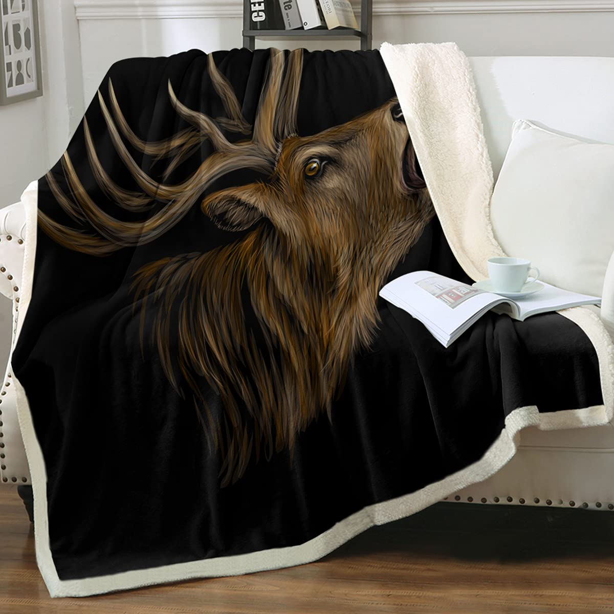 Sleepwish Gold Deer Fleece Throw Blanket - Abstract Animal Print Blanket for All Ages (Kids, Teens, Adults) - Soft Cozy Black Blanket for Bed, Sofa & Nursery - Queen Size 90x90 Inches - Perfect for Home Decor, Gift Giving & Winter Snuggling