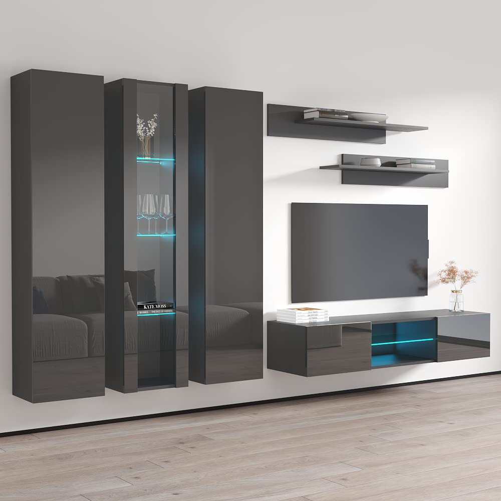 Modern Wall-Mounted TV Stand with Storage & LED Lights - Meble Fly C33 Entertainment Center for Bedroom & Living Room - Floating TV Console with Shelves (Gray) - Perfect for Small Spaces & Home Theater Setup