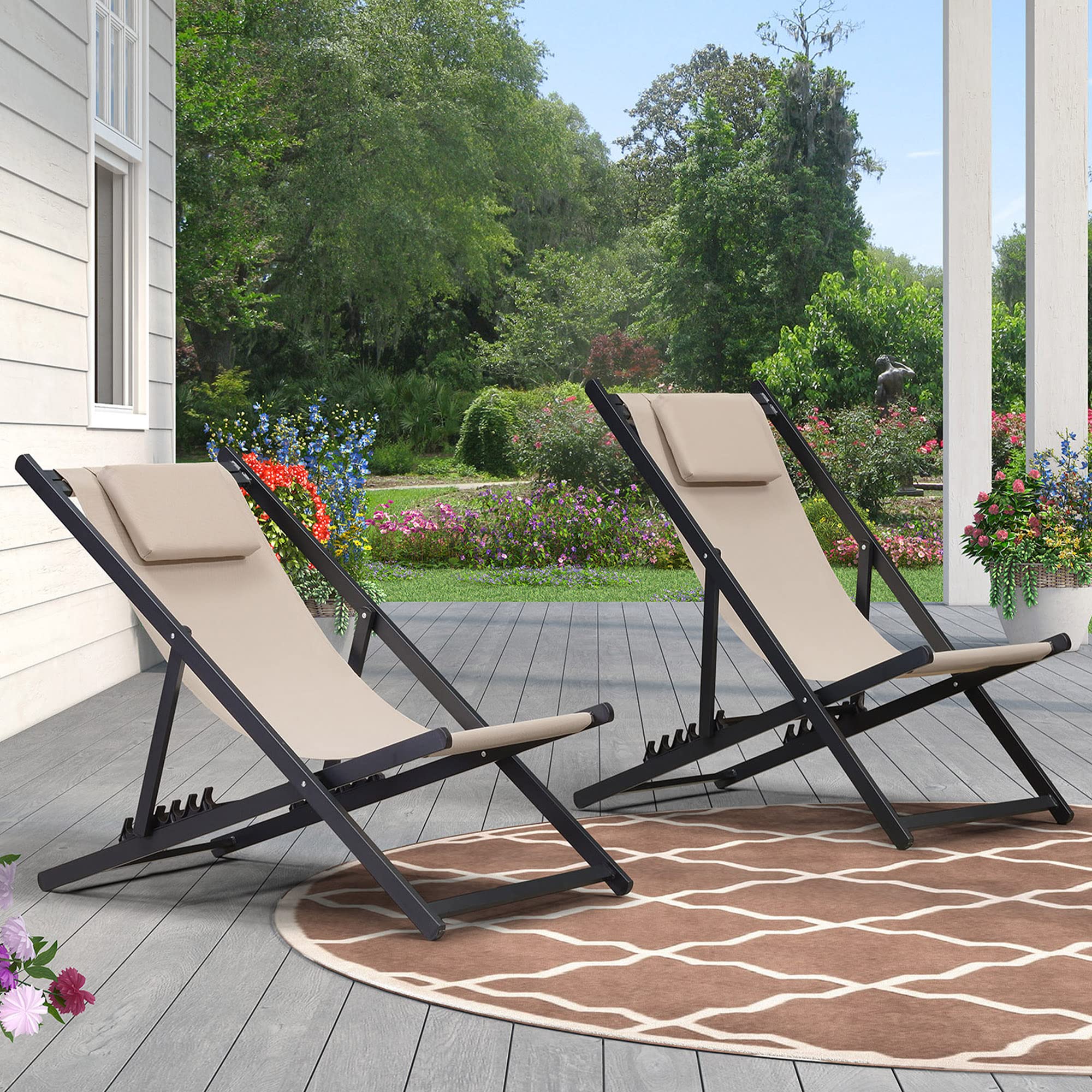 PURPLE LEAF Outdoor Chaise Lounge Bistro Chairs Set of 2 - Patio Sling Chairs with Folding & Reclining Feature in Beige | Perfect for Poolside, Garden, and Backyard Relaxation
