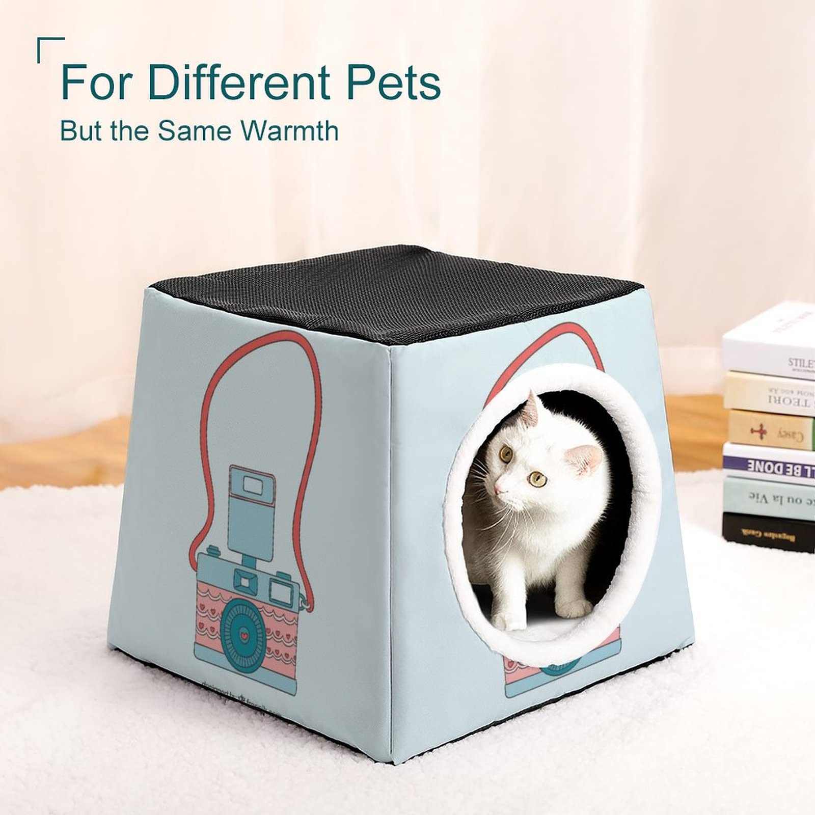 Printed Cat Houses & Condos - Foldable Cat Cube Bed with Removable Pillow - Cute Camera Cartoon Design for Indoor Cats - Perfect for Living Room, Bedroom or Office Pet Furniture