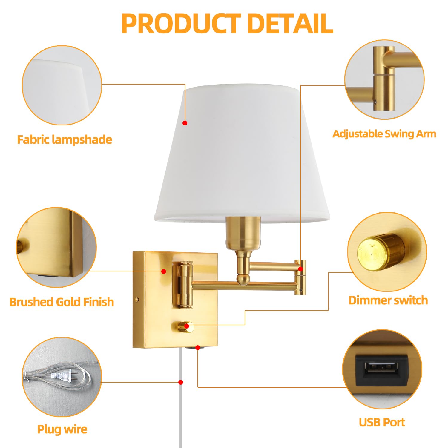 Dimmable Swing Arm Wall Sconce Light with USB Port - Adjustable Fabric Shade Bedside Lamp with Plug-in Cord, Gold Wall Light for Bedroom, Living Room & Hotel | Perfect for Reading, Nightstand Lighting and Modern Home Decor