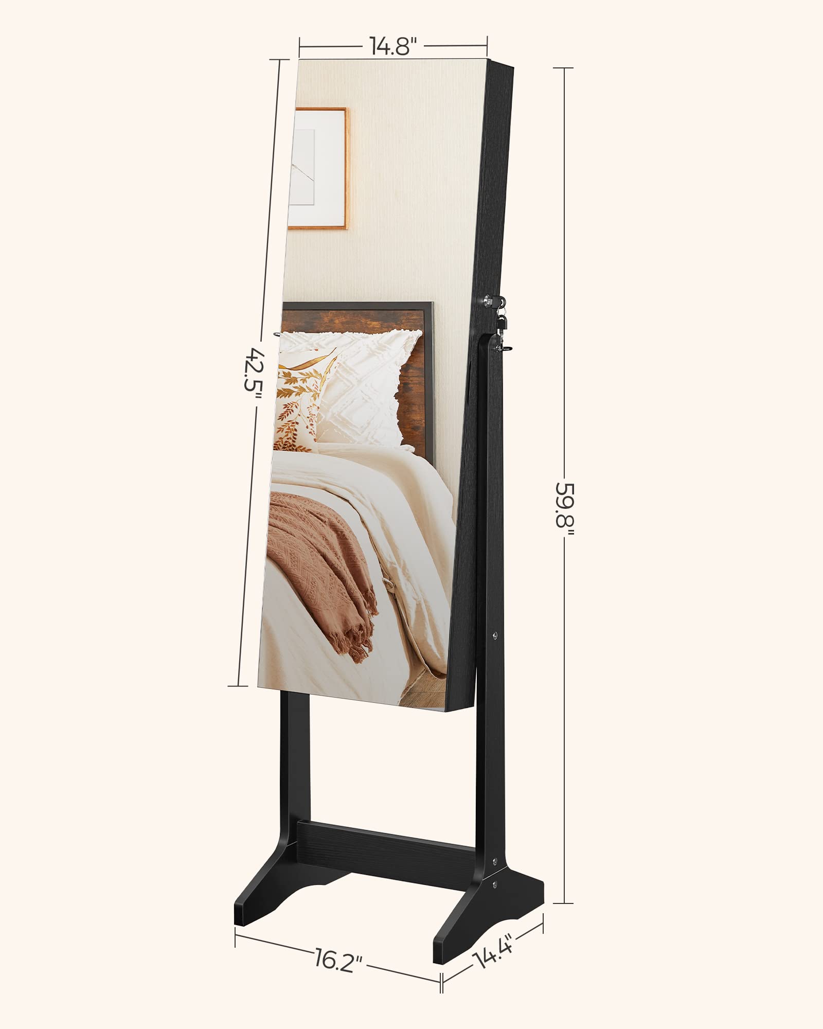 SONGMICS Jewelry Cabinet Armoire with Mirror - Freestanding Lockable Jewelry Organizer with 2 Cosmetic Drawers, Full-Length Mirror for Necklaces, Earrings, Rings & Bracelets - Perfect for Bedroom, Closet or Dressing Room (Black UJJC002B01)