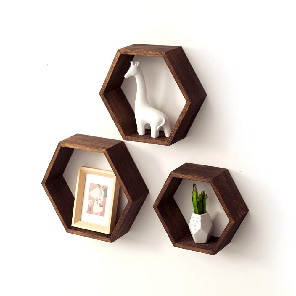 Hexagonal Floating Shelves Set of 3 - Large, Medium & Small Rustic Wall Mounted Shelves with Screws & Anchors - Farmhouse Decor for Bedroom, Living Room, Bathroom - Perfect for Displaying Plants, Photos & Home Decor Items - Torched Grey Finish