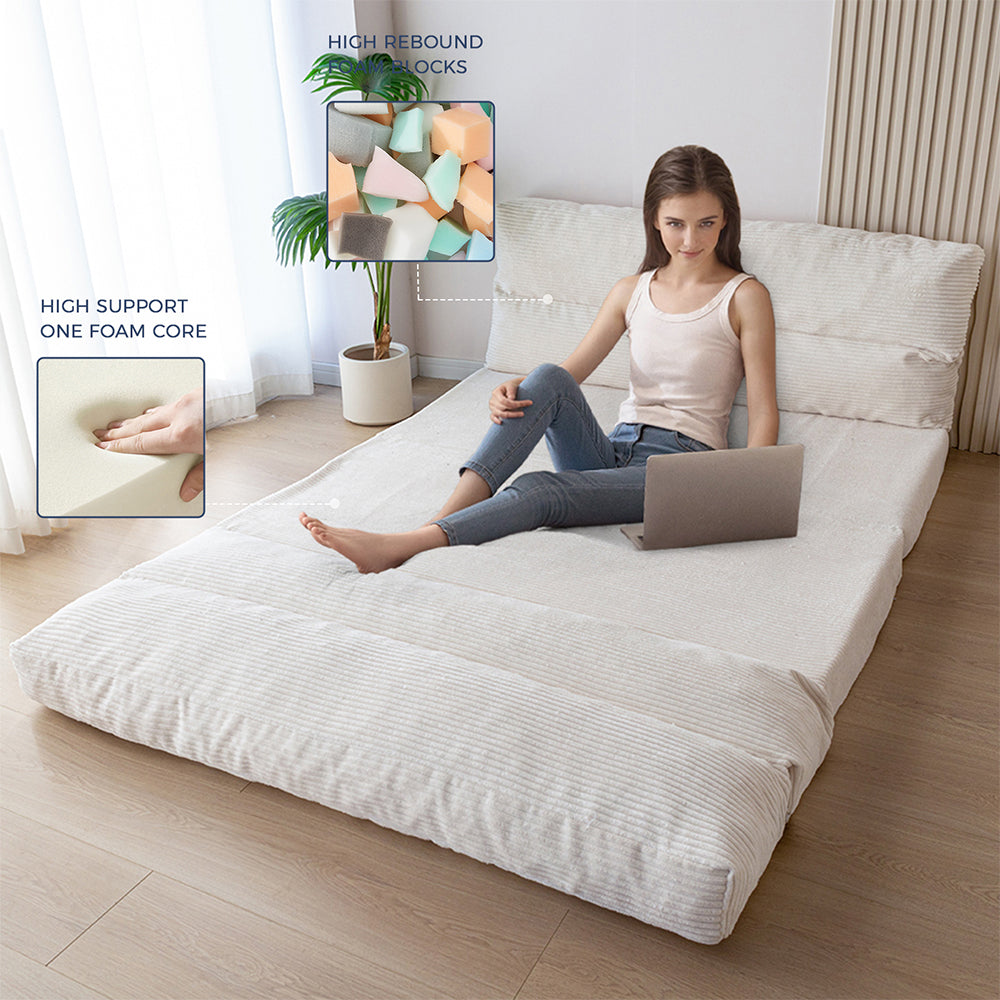 MAXYOYO Folding Sofa Bed - Convertible Corduroy Floor Sofa in Beige | Space-Saving Guest Bed & Lounge Chair for Small Apartments, Dorms & Living Rooms