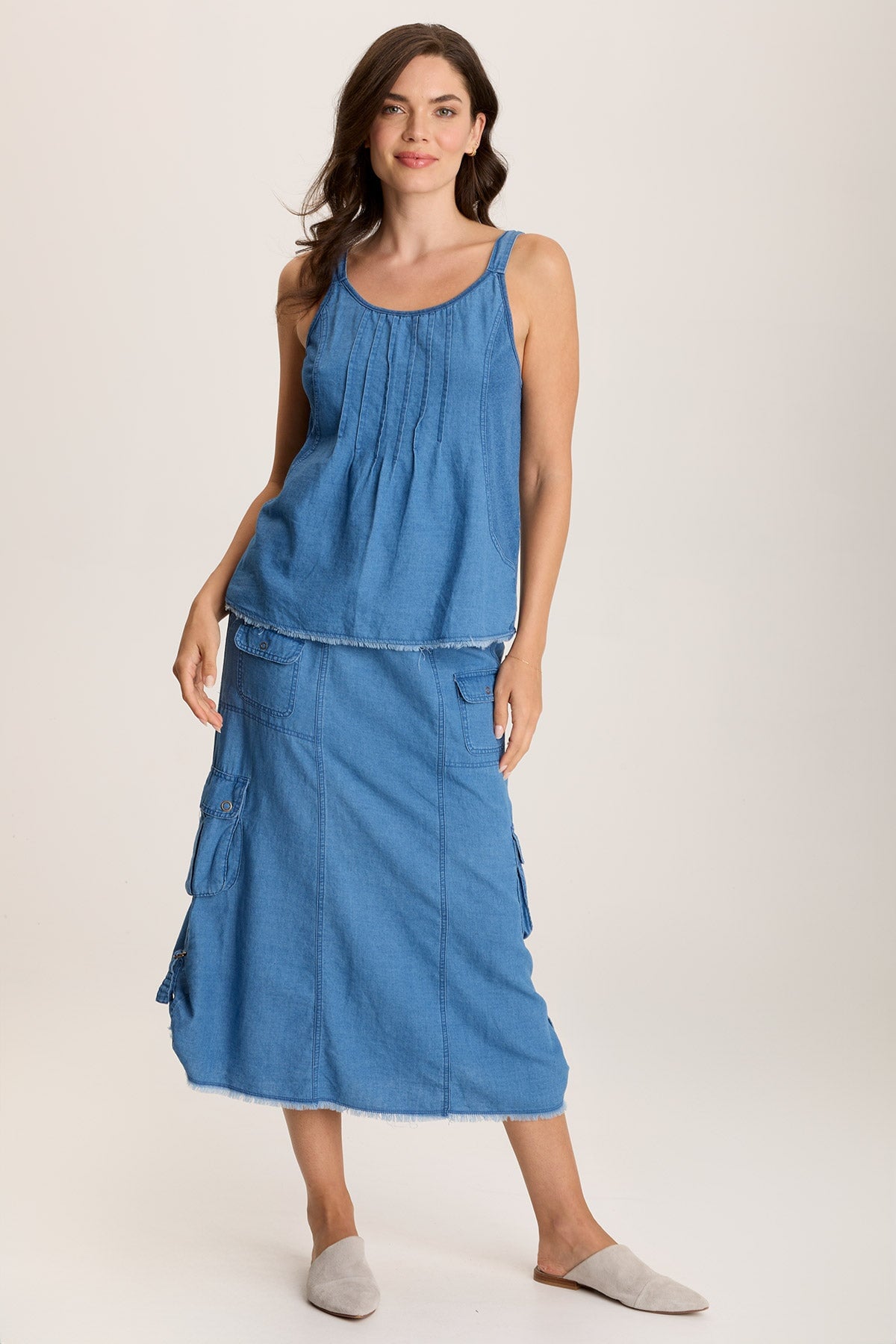 Norelle Flowy Pintuck Mock Denim Twill Tank Top for Women - Casual Summer Blouse with Comfortable Fit - Perfect for Beach Outings, Date Nights & Office Wear